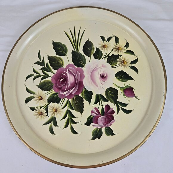 Tole by Pilgrim Art Large Round Metal Tray Roses and Daisy Pattern Gold Rim - Picture 1 of 15
